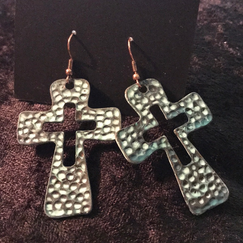 Hammered Patina Cross Earrings